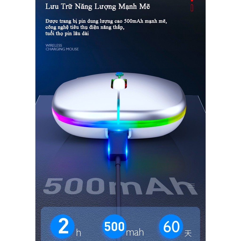 Chuột Không Dây A2 Chống Ồn Pin Sạc Không Cần Thay Có Led Đổi Màu Dùng Làm Việc Chơi Game Cực Chất