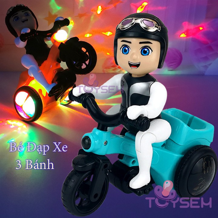 Xe đồ chơi trẻ em bé đi xe đạp xoay 360 độ Toysem có nhạc và đèn sáng 3 màu - Quà tặng sinh nhật, thôi nôi cho bé