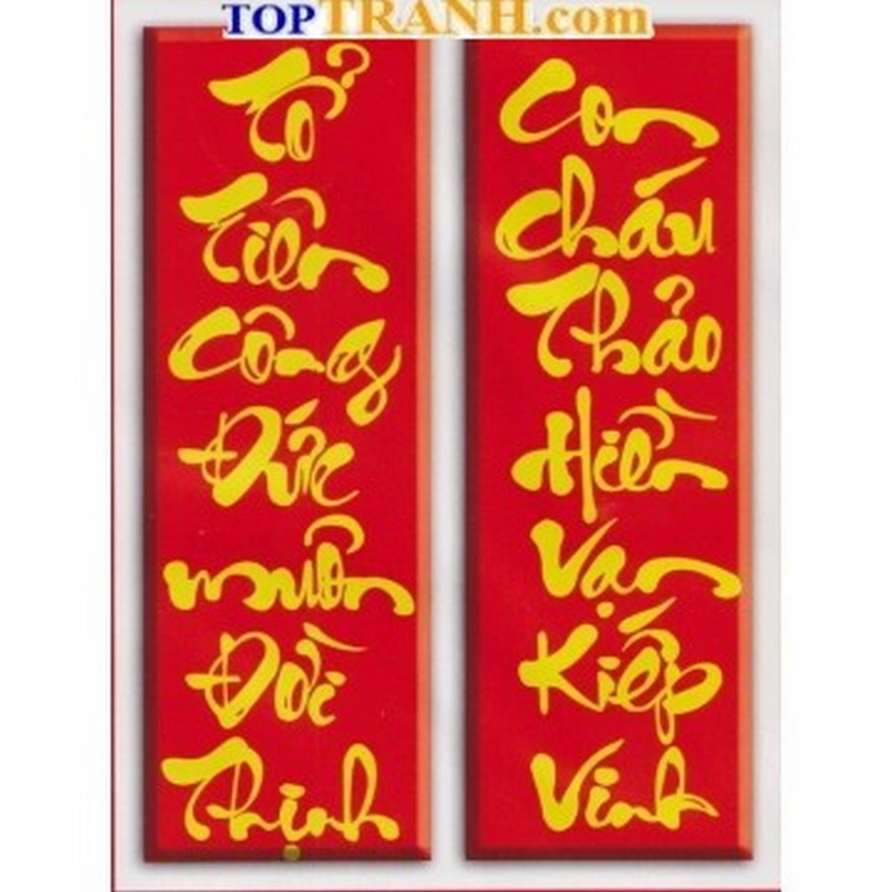 Tranh thêu chữ thập câu đối đỏ 222838 chưa thêu, tranh theo phòng thờ