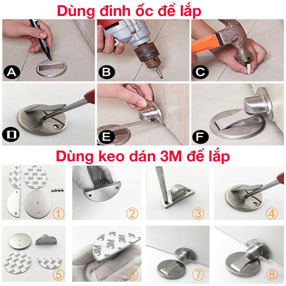 Bộ chặn cửa đế dẹp dán nền gạch men HOBBY Home Decor CC2 - chuẩn Inox 304 - kèm keo dán và đinh ốc