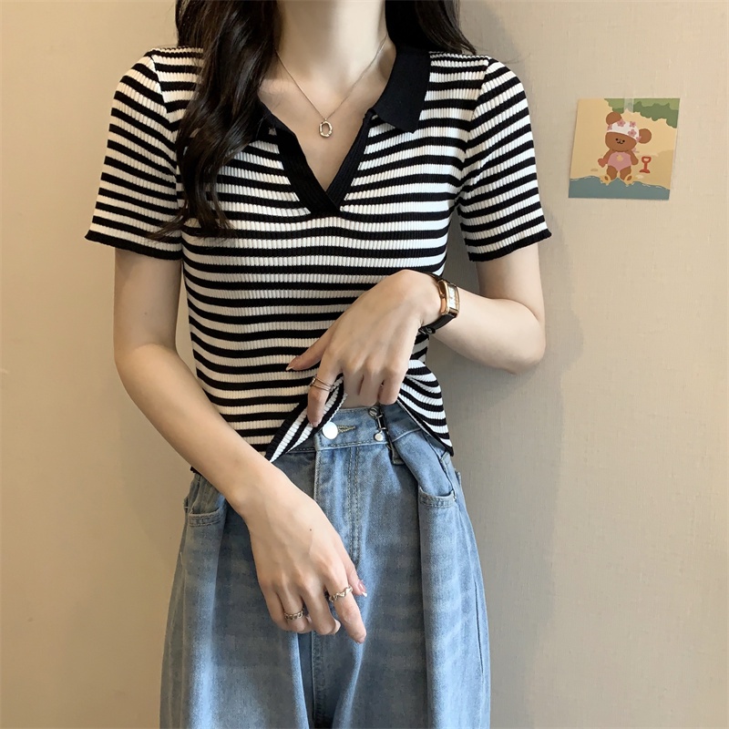 SUXI Áo Croptop Dệt Kim Mỏng Tay Ngắn Kẻ Sọc Thời Trang Mùa Hè Cho Nữ