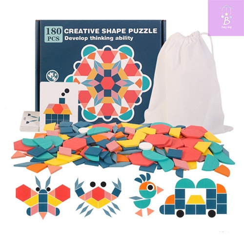 Bộ Ghép Hình Sáng Tạo Bằng Gỗ 180 chi tiết SHAPE PUZZLE - Đồ chơi an toàn cho bé 3 tuổi giúp phát triển trí tuệ