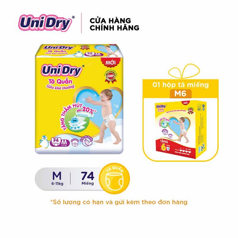 Tã quần Unidry siêu khô thoáng gói Super Jumbo M74/L68/XL62/XXL56