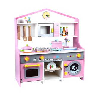 [SHIP NGAY] Đồ Chơi Gỗ - Nhà Bếp màu hồng Kiểu Nhật Japanese Kitchen cao cấp - Tủ bếp đồ chơi bé gái