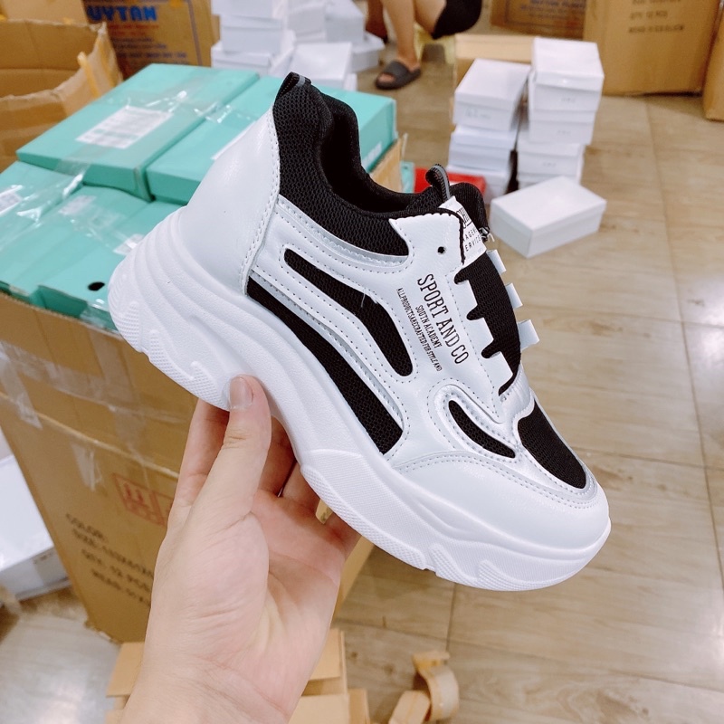 Giày Thể Thao Nữ Độn Đế 7 Phân Màu Trắng Đen Siêu Đẹp