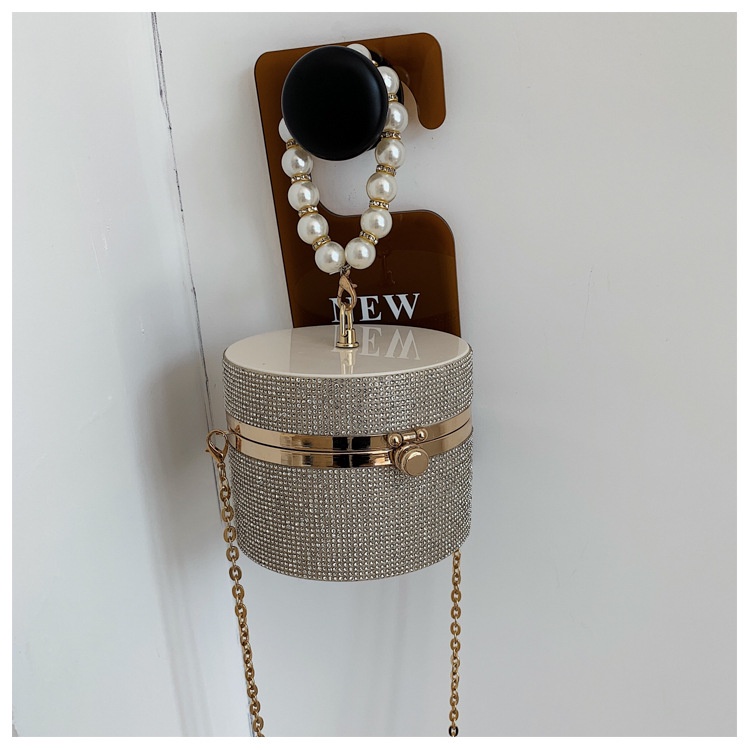 Túi đeo chéo IELGY kiểu hình trụ đính đá sáng bóng phối dây ngọc trai thời trang nhỏ gọn dành cho nữ