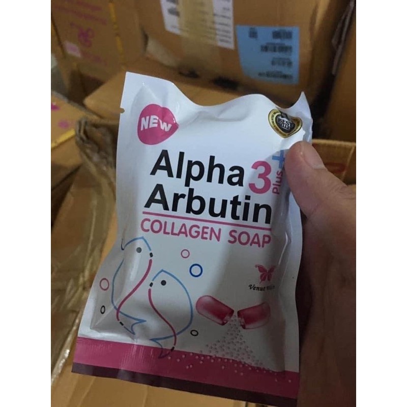 Xà Phòng kích trắng Alpha Arbutin 3+ Plus collagen soap  80g,Thái Lan,giảm mụn lưng và giảm thâm