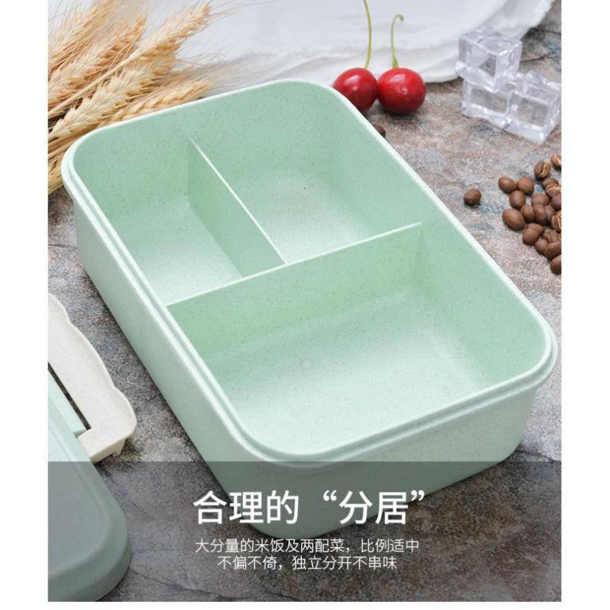 Hộp cơm bento - Hộp cơm văn phòng nhựa lúa mạch kèm đũa thìa inox tiện dụng - Gia dụng