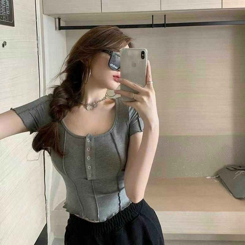 Áo thun body Vạt Bầu tay ngắn Nút Bấm A15