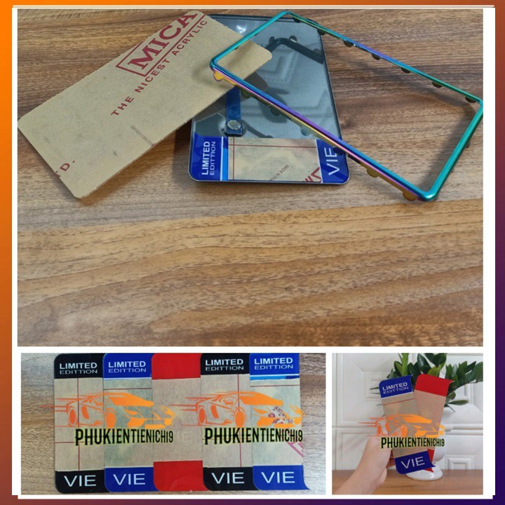 Khung biển số xe máy trang trí có logo  tấm mica ốc vít viền titan mù đế inox