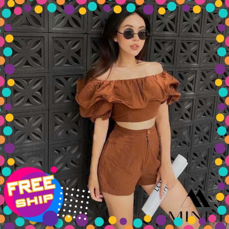SET ÁO TRỄ VAI TRẮNG QUẦN SHORT - CHẤT LIỆU ĐŨI NHẬP CAO CẤP - MÀU TRẮNG - HÀNG THIẾT KẾ