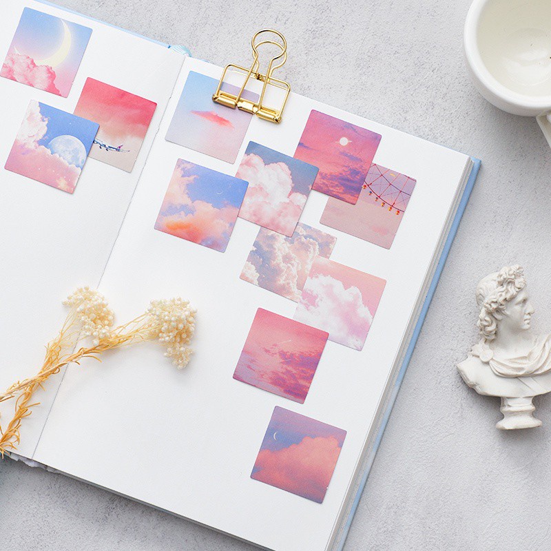 Hộp 46 Miếng Dán Trang Trí Sổ Tay Hình Ảnh Bầu Trời Hồng Và Mây Dễ Thương