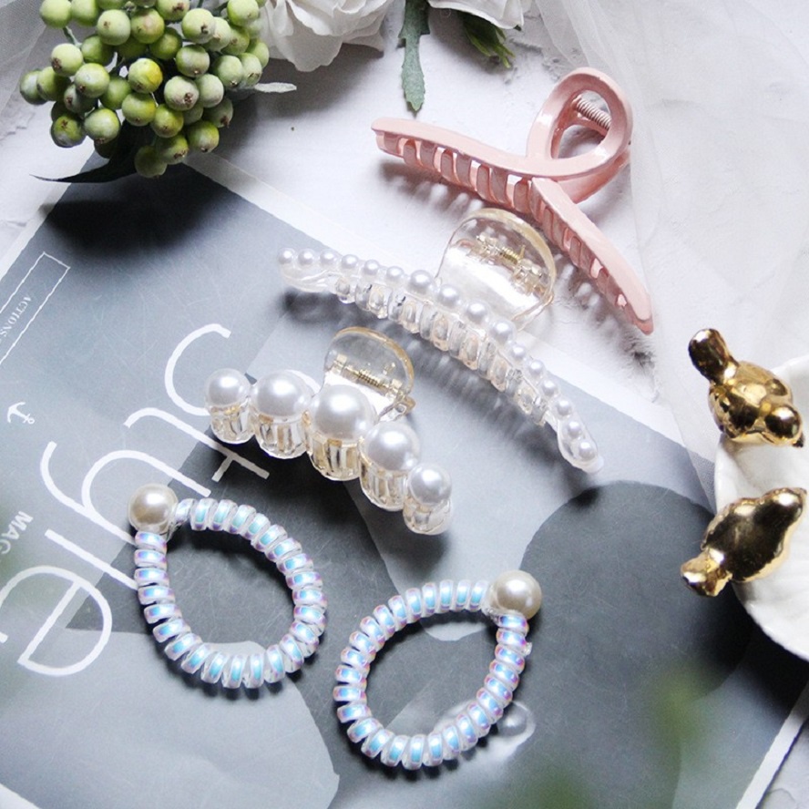 Set 5 phụ kiện tóc Hàn Quốc - Túi 5 món mix dây cột tóc + kẹp càng cua giả ngọc trai tiểu thư sang chảnh 100147
