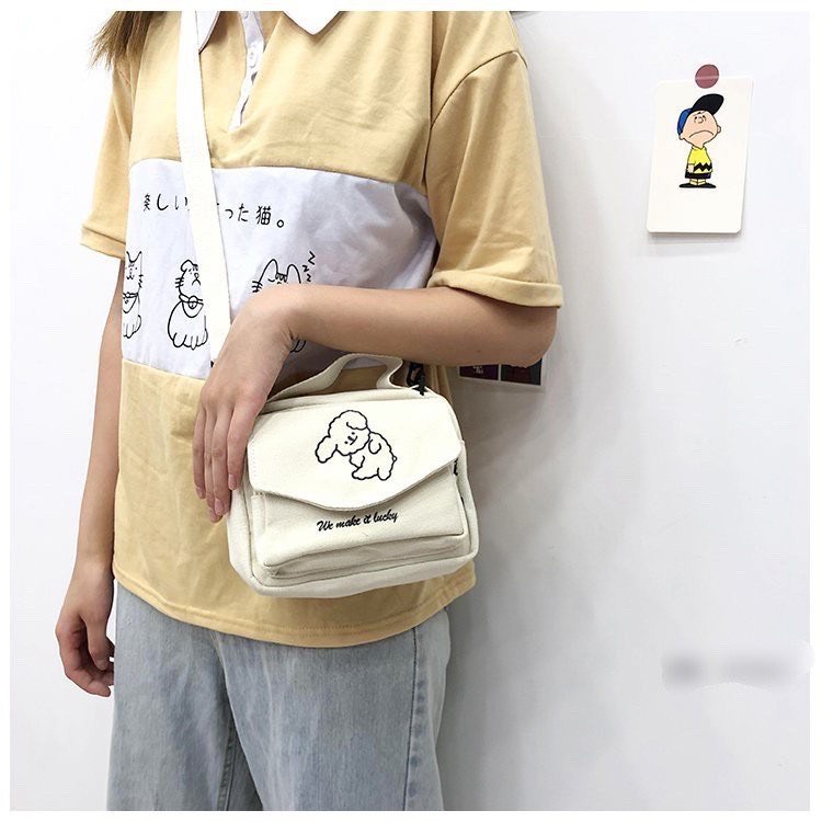 Túi canvas đeo chéo vai mini nữ khóa kéo in hình Mèo Cún đáng yêu đen trắng Sollle