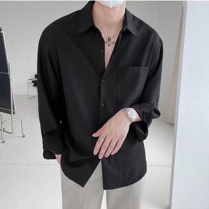 Hàn quốc áo sơ mi nam trơn form rộng áo sơ mi tay dài
