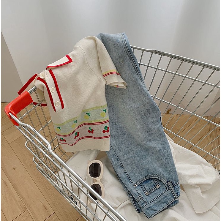 Áo Dệt Kim Tay Ngắn Cổ Bẻ Phong Cách Retro Dành Cho Nữ