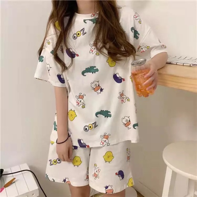 Bộ ngủ hoạt hình siêu Cute  Set đồ ngủ thun cotton form rộng loại đẹp