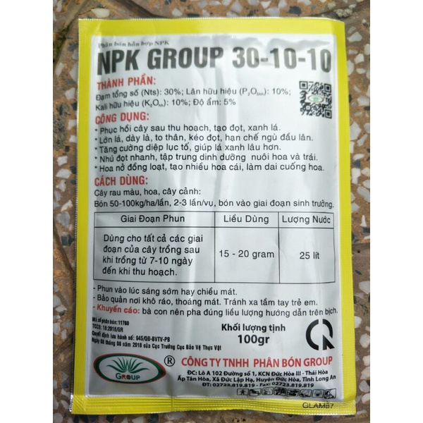Phân bón lá npk 30-10-10+te gói 100g vọt đọt tạo đọt phát lộc nở cọng mướt lá xanh cây dùng cho mọi cây trồng