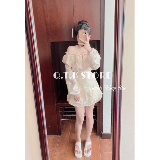 Set áo nude hoa nổi bo chun vai + chân váy