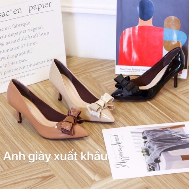 CG21 - Giày da bóng gót nhọn 5p nơ ấu lót mút siêu êm Việt Nam xuất khẩu