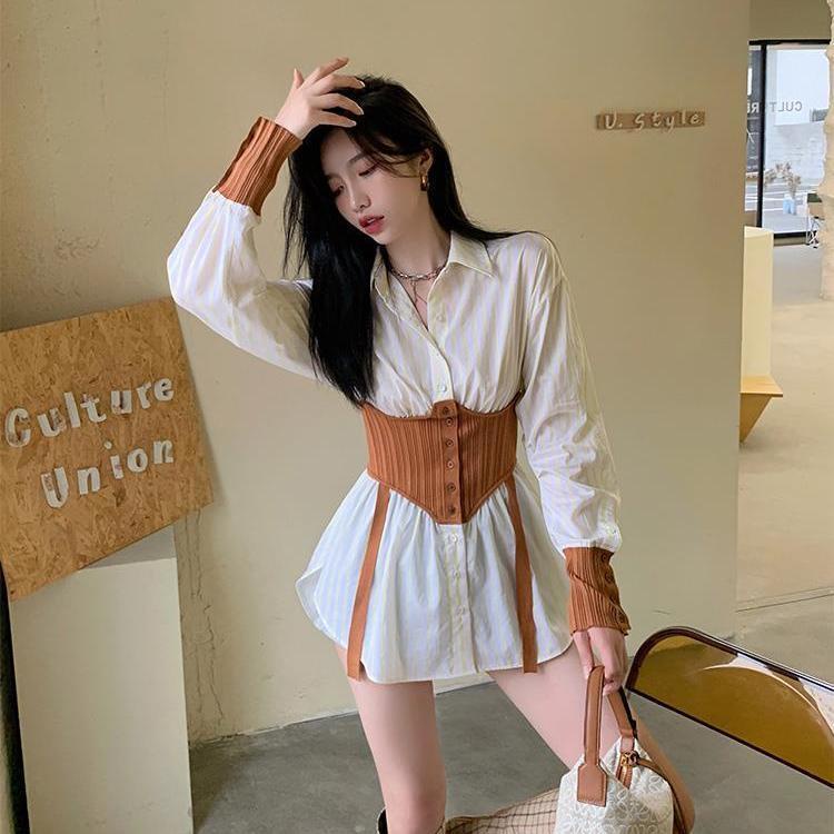 COZOKC COZOK Áo sơ mi tay dài cổ vuông eo cao thời trang mùa thu cho nữ