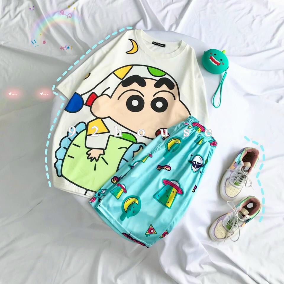 Đồ bộ hoạt hình freesize unisex bé Shin form rộng tay lỡ