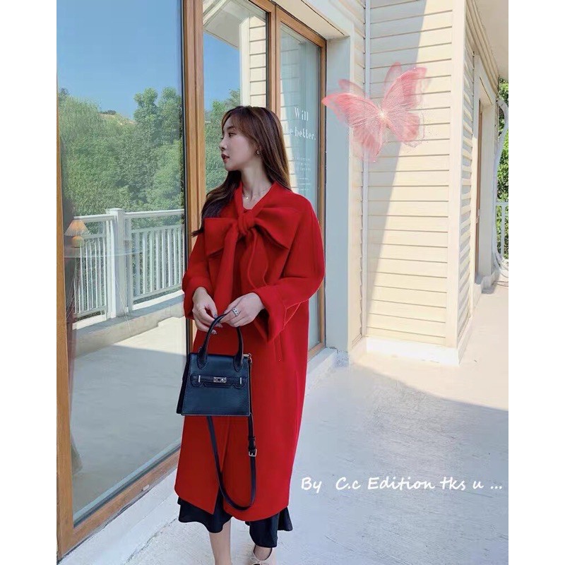 [CÓ SẴN - ẢNH THẬT] Áo măng tô dáng dài nơ đỏ nữ cao cấp phong cách Hàn Quốc