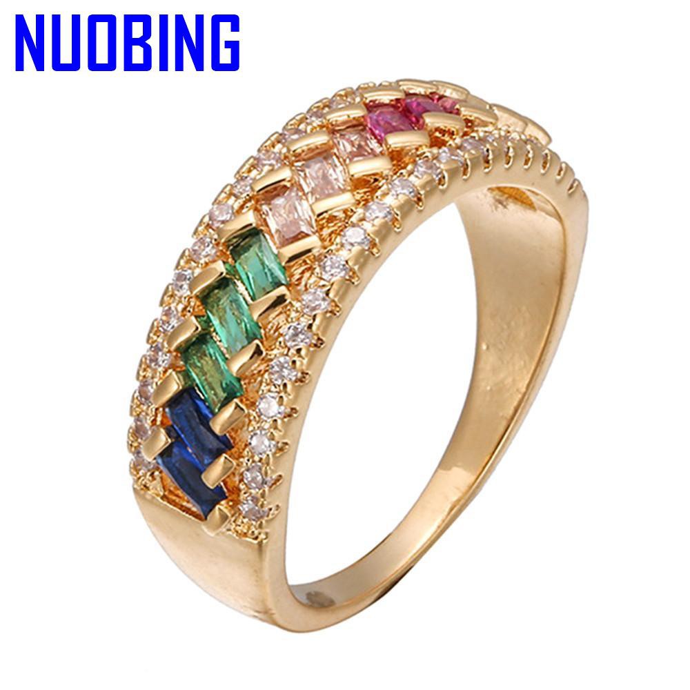 18K Gold Color Multicolor Gemstones Crystal Rings For Women Rainbow Diamonds White Gold Color Indian Dubai Fashion Jewelry|Rings|