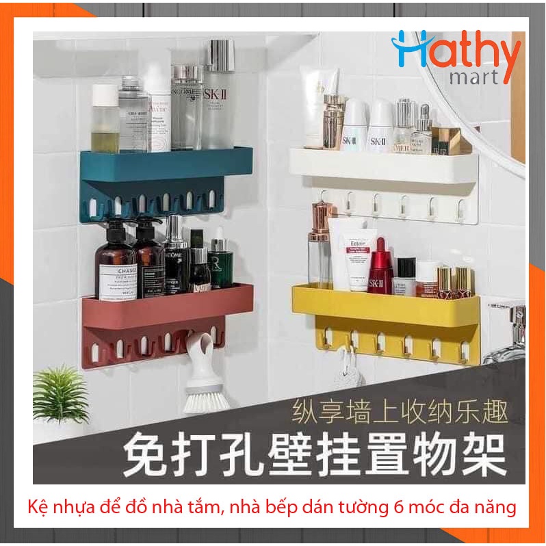 Kệ nhựa để đồ nhà tắm, nhà bếp dán tường 6 móc đa năng HH