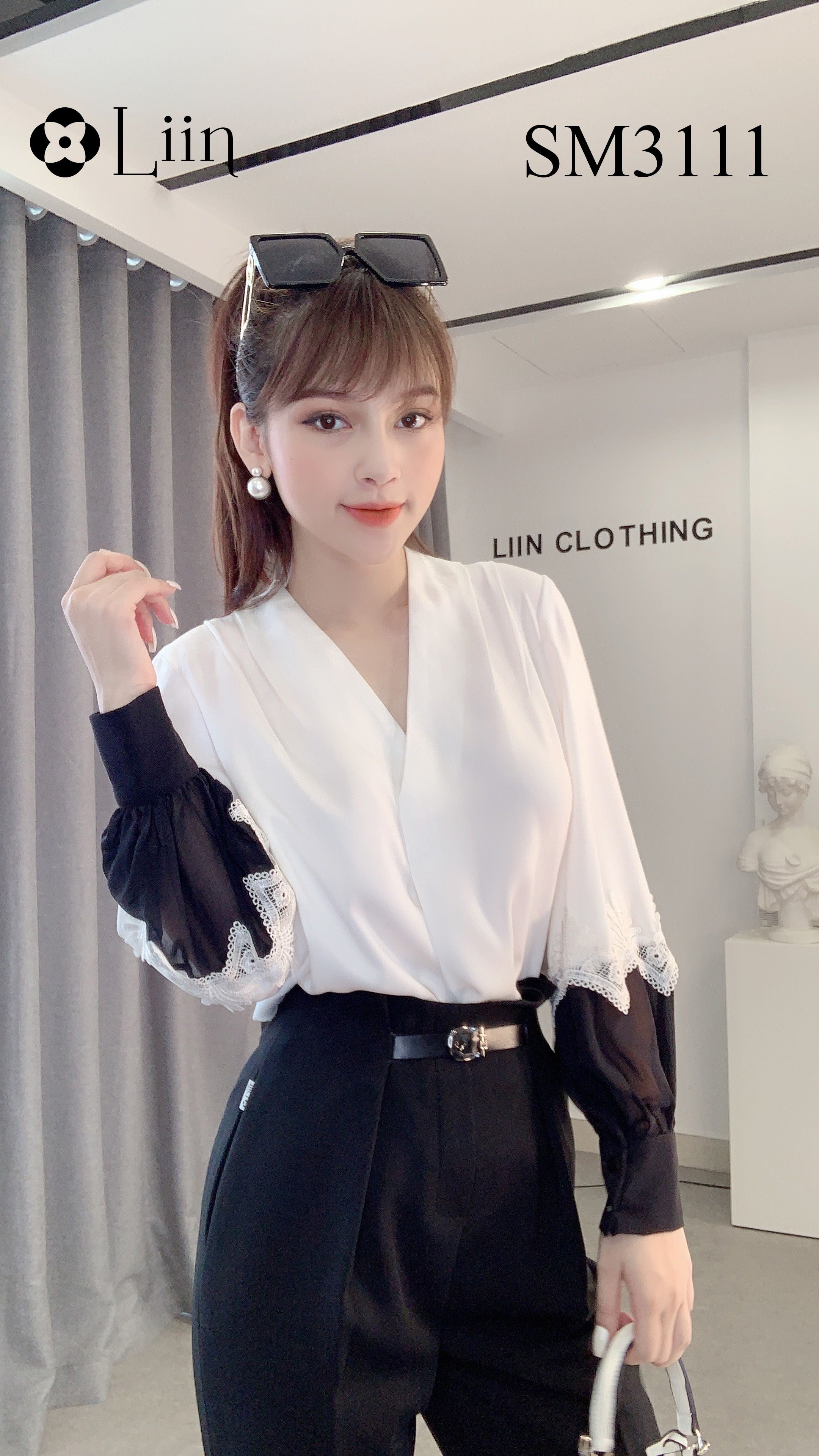 Áo sơ mi nữ trắng Linbi thiết kế cổ V xinh xắn, hiện đại Liin clothing SM3111