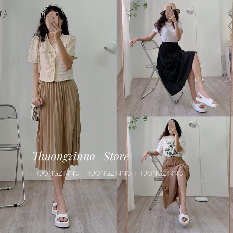 [Ảnh thật/Video] Chân váy midii xếp li nhẹ nhàng tiểu thư Chân váy dài chun eo Quảng Châu