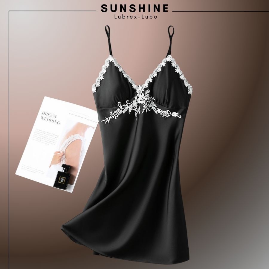 Váy Ngủ Lụa Sexy 2 Dây Satin Phối Ren Có Mút Ngực Quyến Rũ Gợi Cảm Màu Đen - SUNSHINE LUBREXLUBO -VL165