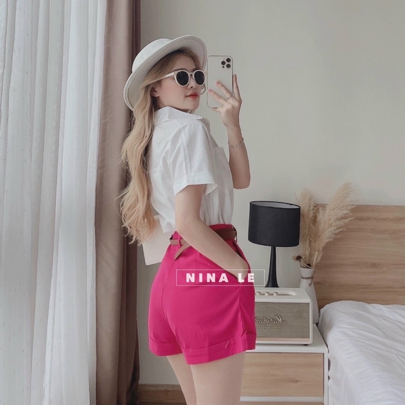 Set short hồng + áo sơ mi tay ngắn 2 túi ( kèm nịt)