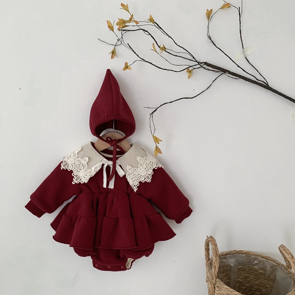 Set Váy Boidy Suit Liền Thân Ren Nơ Cổ Chất Nỉ Đỏ Tặng Kèm Mũ Chóp Nỉ Cực Xinh Cho Bé Gái Sơ Sinh Từ 4-13 Tháng