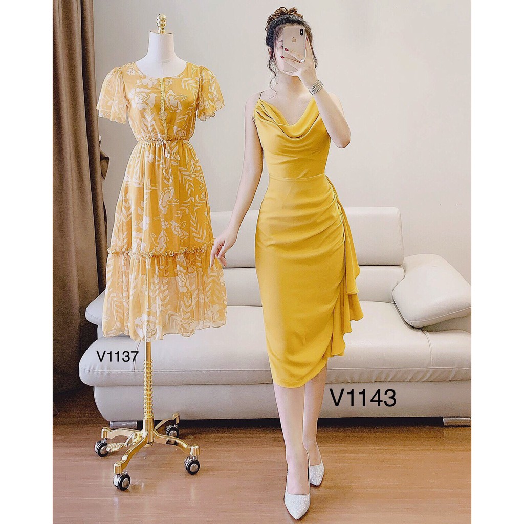 ĐẦM BODY HAI DÂY CỔ ĐỔ BÈO HÔNG, VÁY BODY 2 DÂY V1143 màu vàng S,M,L ( ảnh người mẫu và ảnh trải sàn do shop tự chụp)