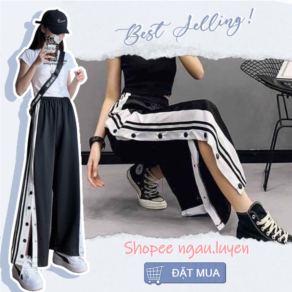 Q017 Quần culottes cúc bấm xẻ tà nam nữ ăn gian chiều cao Quần suông dài ống rộng đen trắng mặc với croptop áo body đẹp