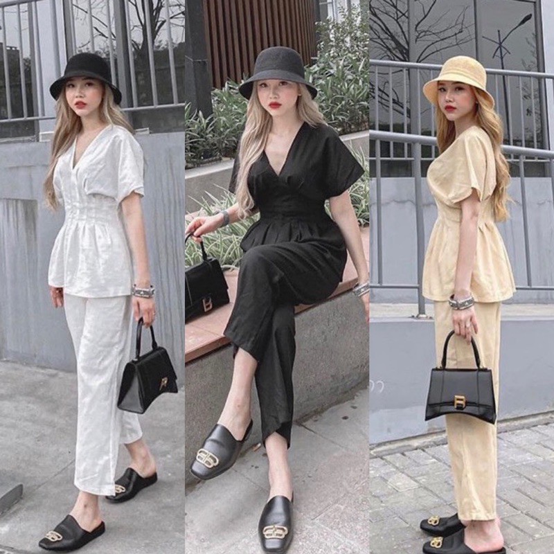 Set áo peplum cổ V kèm quần suông linen