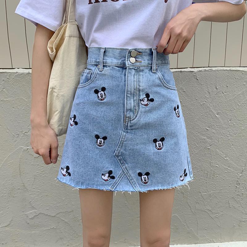 Chân Váy Vải Jean Thêu Hình Chuột Mickey Phong Cách Hàn Quốc Dễ Thương Cho Nữ