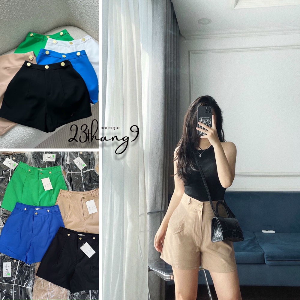 Quần short nữ ống rộng lưng cao cúc đồng quần đùi nữ cạp cao chất thô mềm màu đen màu be đi chơi đi du lịch 23thang9