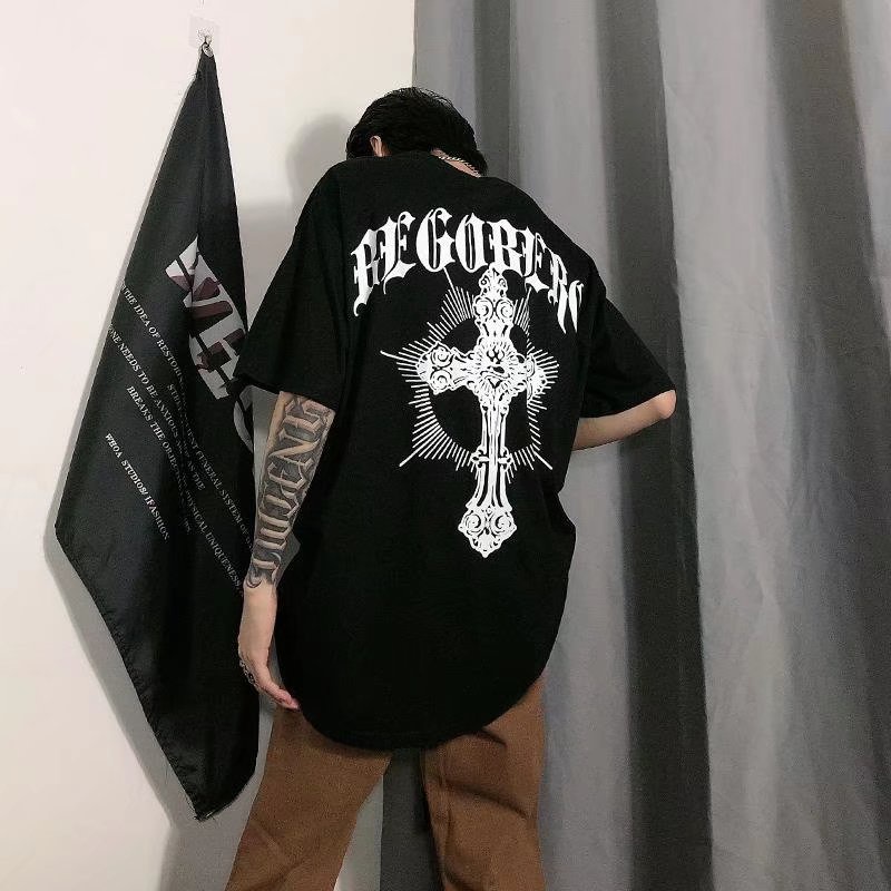 Áo Thun Tay Ngắn In Chữ Thập Phong Cách Gothic Thời Trang Cho Nam Và Nữ Size M-8XL
