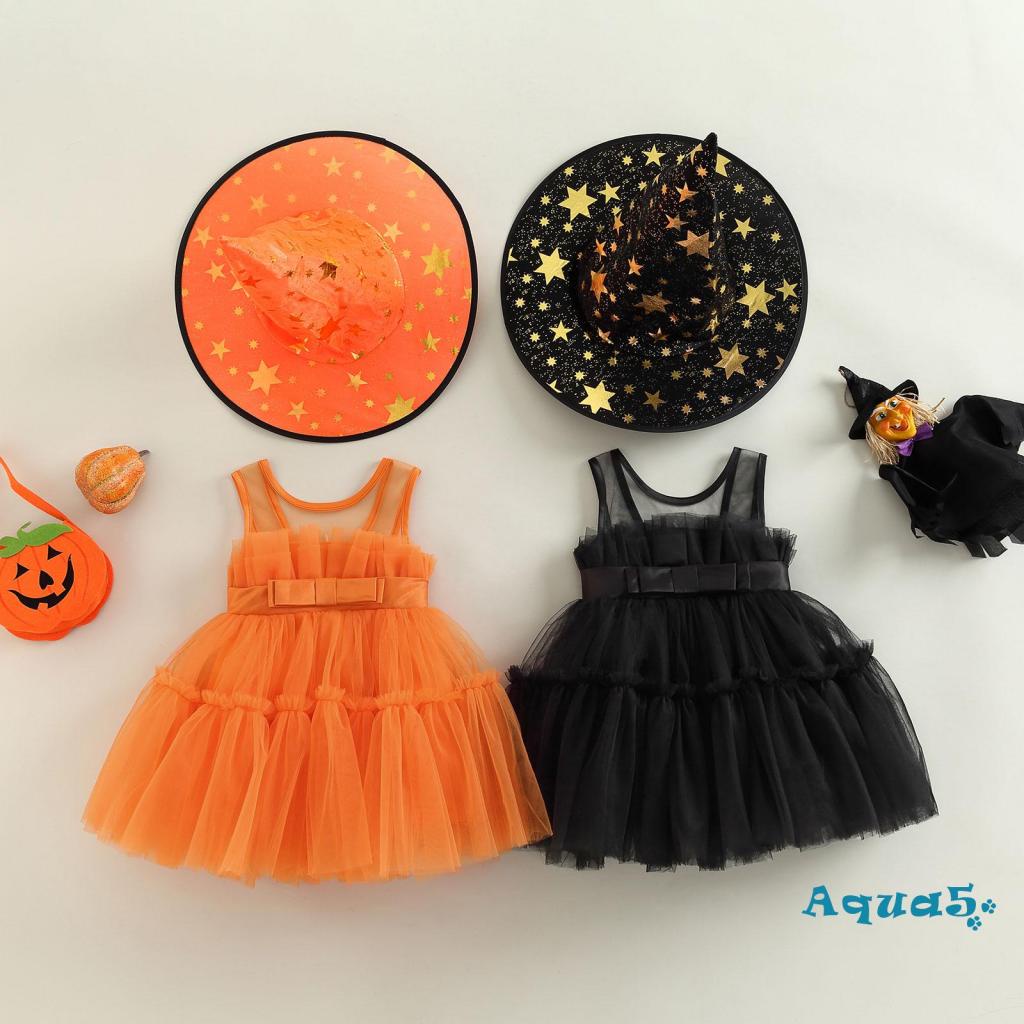 Aqq-đầm Xếp Tầng Không Tay Màu Trơn Kèm Mũ Phù Thủy Hóa Trang Halloween Cho Bé Gái