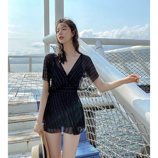 Bộ đồ bơi nữ dáng váy có quần đùi trong phối lưới ren mềm rủ siêu đẹp