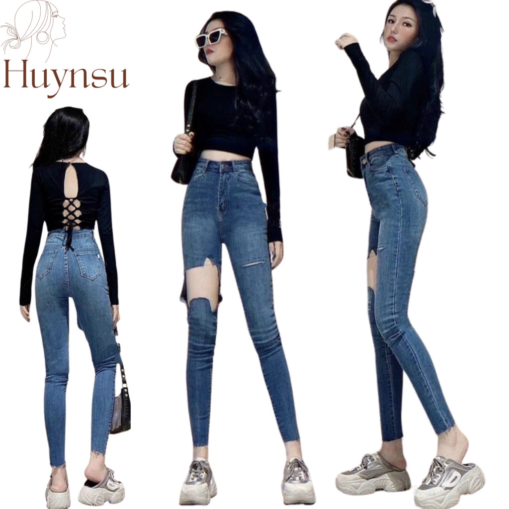 Quần jean ống bó skinny rách đùi xanh đậm co giãn cạp cao hách dáng , quần bò ống bó chất đẹp HUYNSU - SIÊU HOT