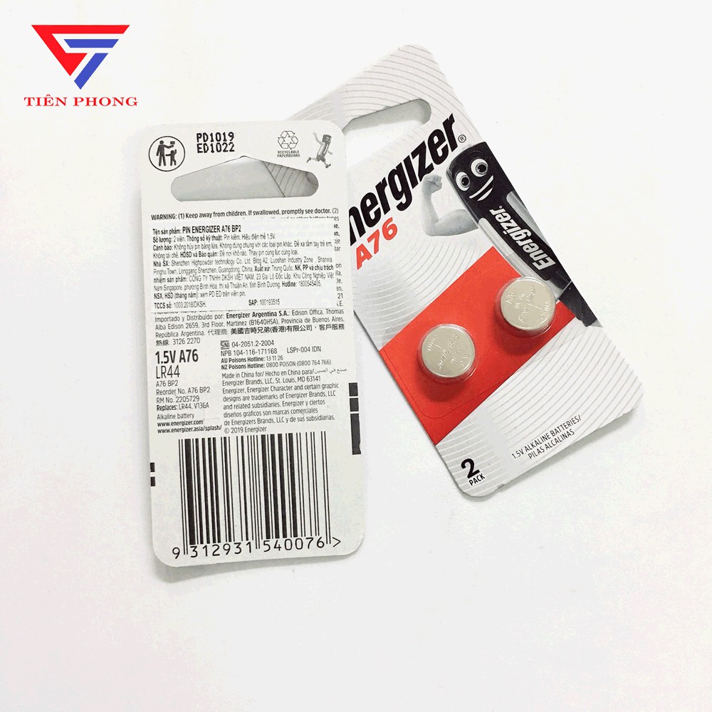 Pin A76 LR44 Energizer Alkaline 1,5V chính hãng (vỉ 2 viên)