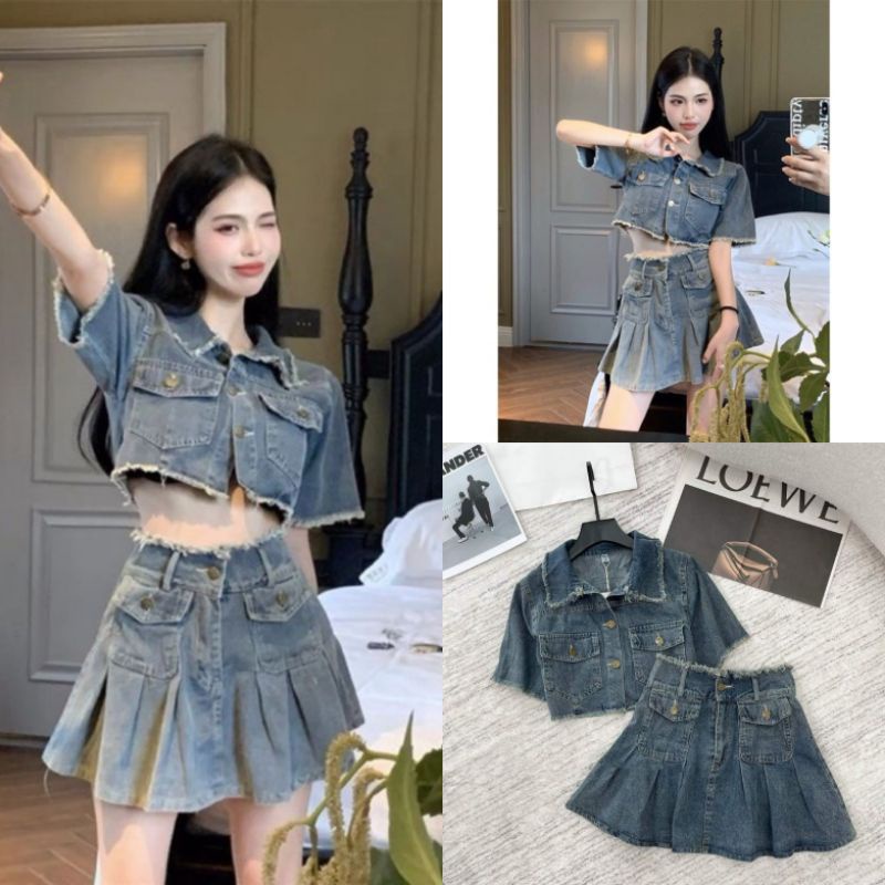Set Bò Nữ Ms.1579 Áo Crotop Vạt Tua Rua Dáng Suông Tay Ngắn Phối Chân Váy Xòe Chất Bò Dày Dặn Qc Loại 1