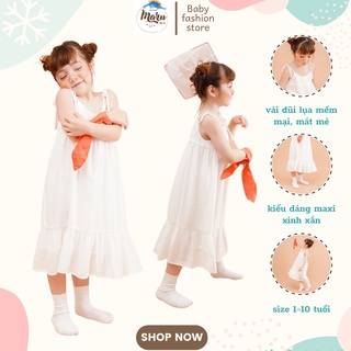 Váy Maxi 2 Dây Cho Bé Gái Đũi Lụa Mềm Dáng Dài Siêu Xinh MARUHOUSE , Đầm Trắng Cho Bé Dáng Xòe Dây Tăng Giảm Chiều Dài