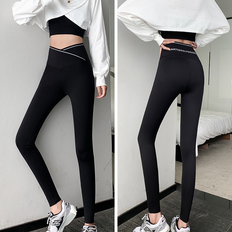 Quần legging nữ cạp cao ghen bụng in chữ cạp chéo thời trang Banamo Fashion 7110 | WebRaoVat - webraovat.net.vn