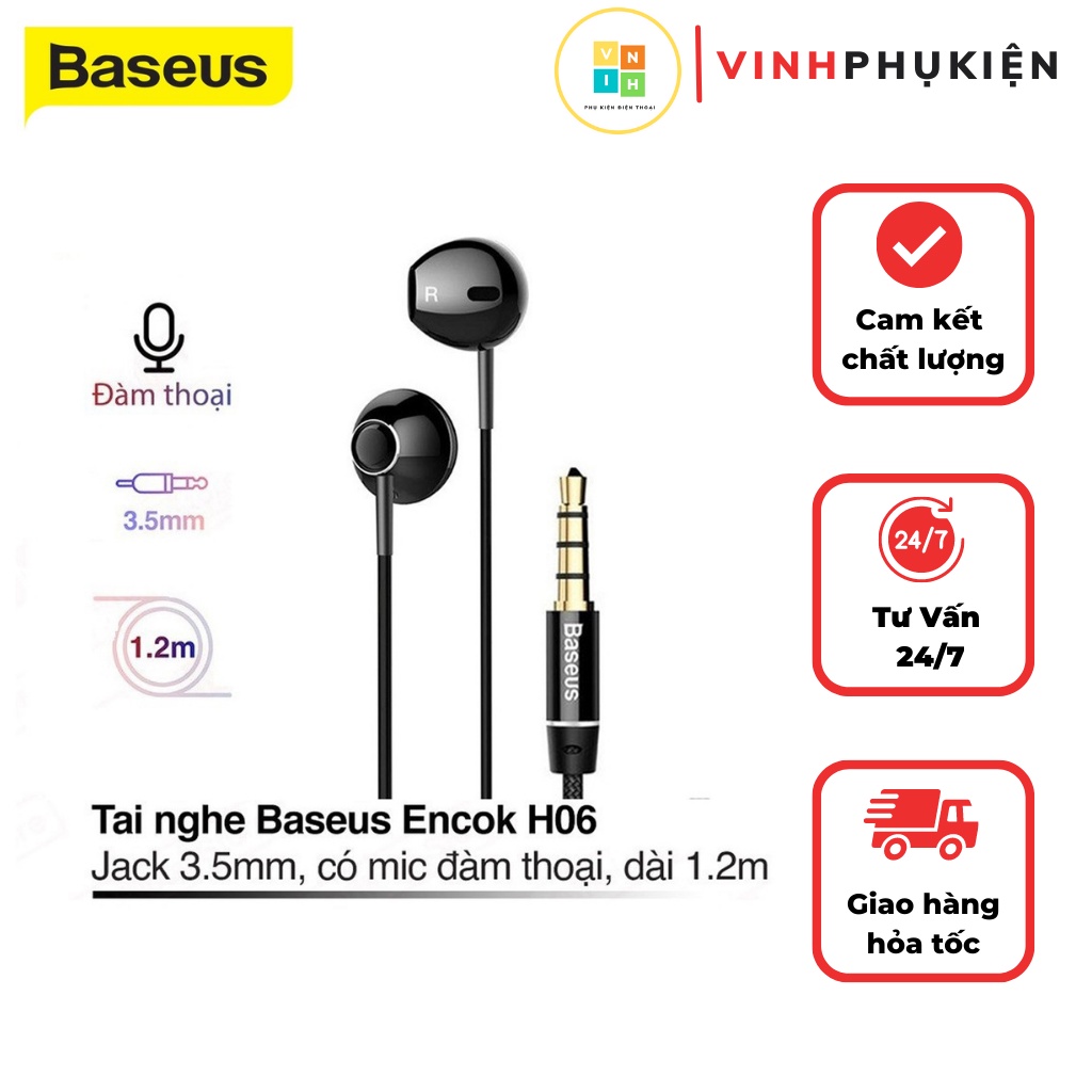 Tai nghe dây chân tròn 3.5mm baseus encok h06 có mic cho iphone ipad androi samsung xiaomi oppo chính hãng baseus