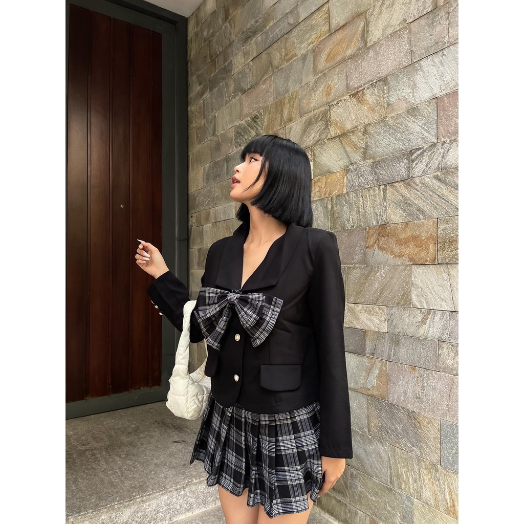 [HÀNG THIẾT KẾ CAO CẤP] Set Áo Sơ Mi Phối Nơ + Chân Váy Xếp Li Dễ Thương Màu Đen