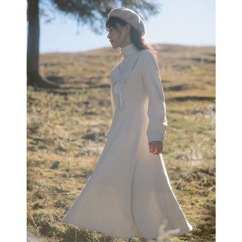 Đầm Trắng Dài Tay Chiết Eo Phong Cách Retro Pháp Thanh Lịch Cho Nữ